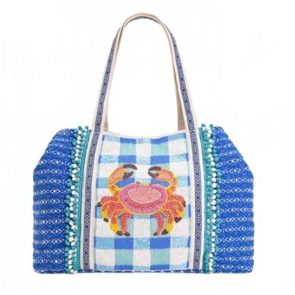 America & Beyond Crab Beaded Tote Bag Womens Large Blue White NEW Coastal Boho